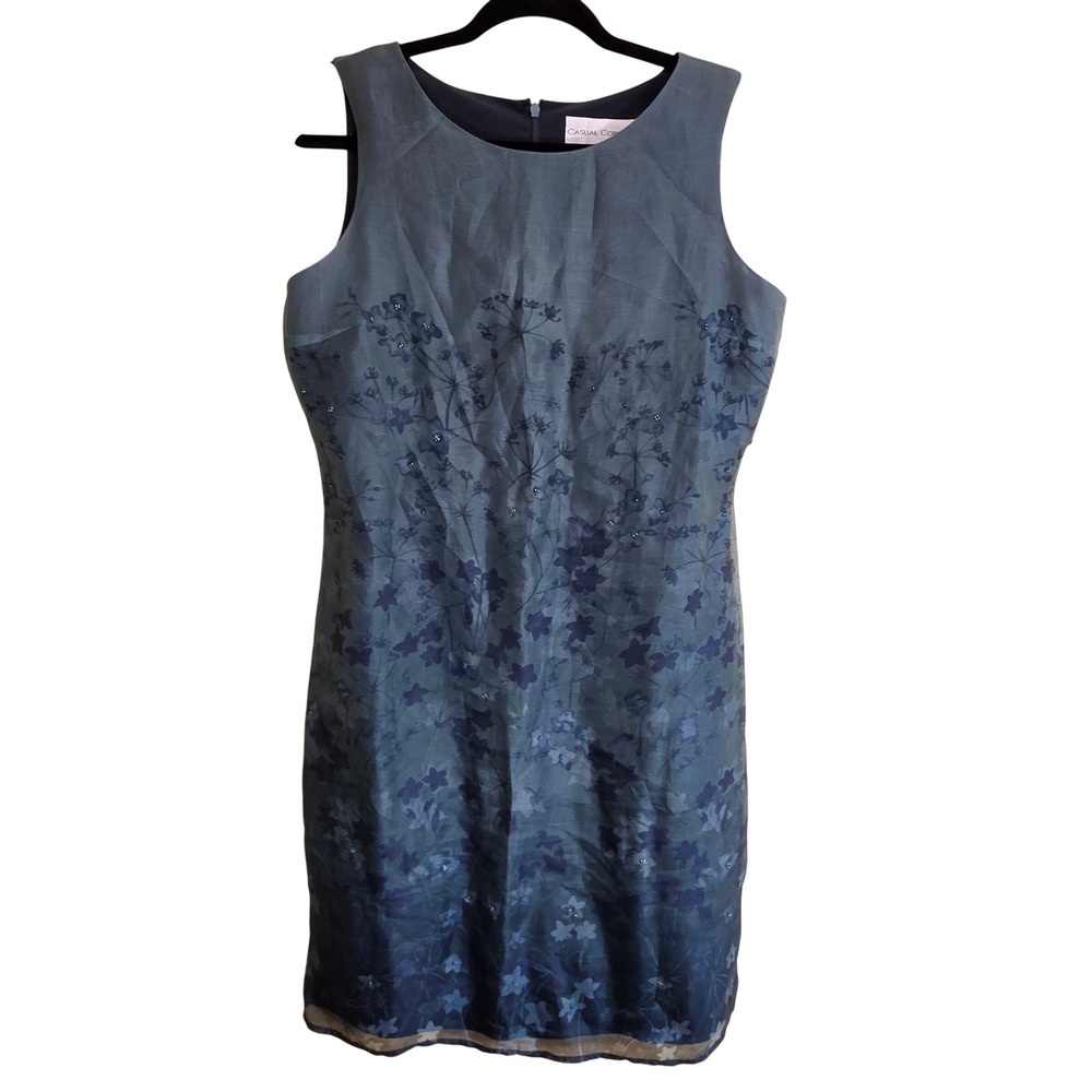 Classic Silk Floral Beaded Dress W 8 Green Teal Sleeveless Shift Quiet Luxury